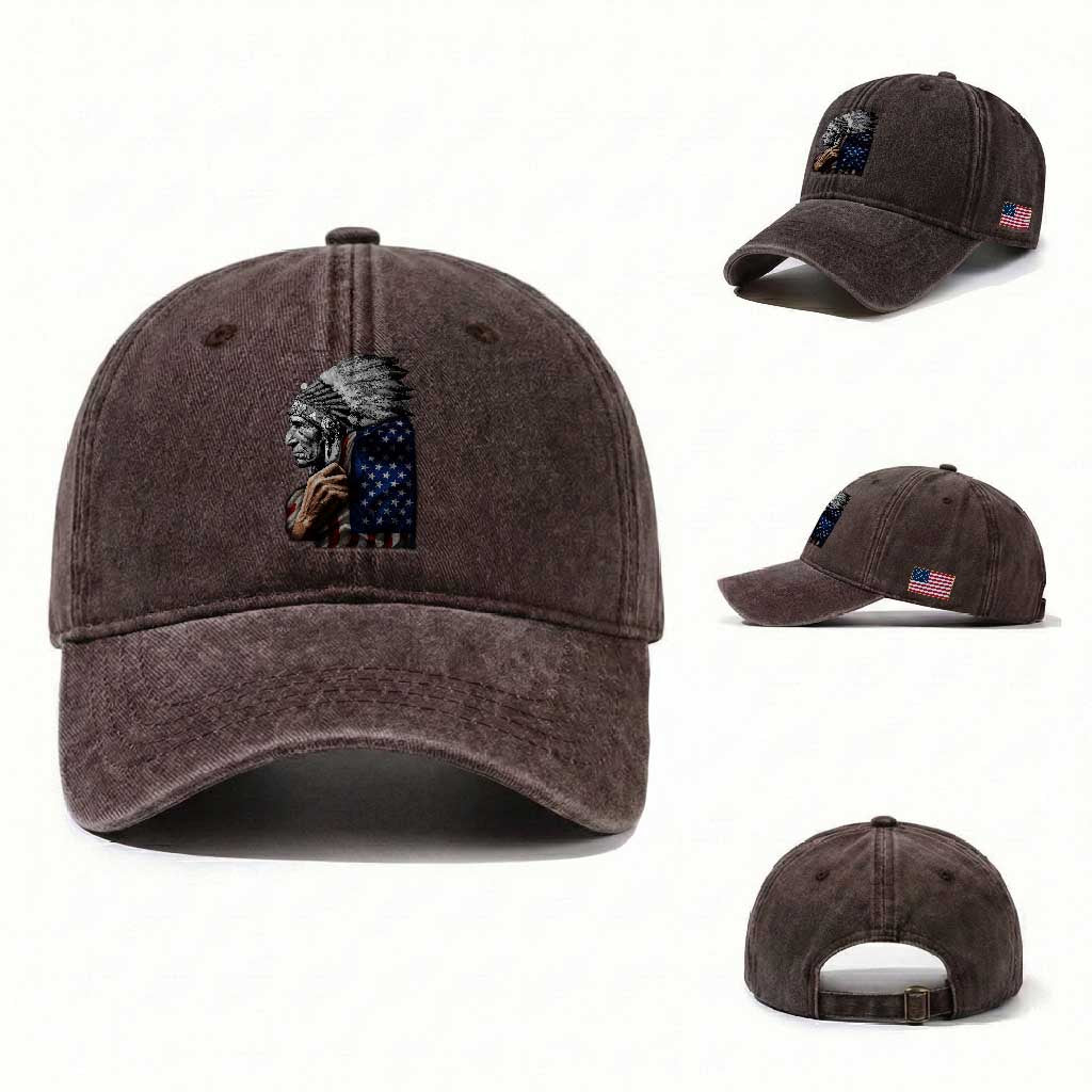 Indian Chief Native American USA Flag Washed Cotton Baseball Cap TS14 Washed Cap Universal Fit Dark Brown Print Your Wear