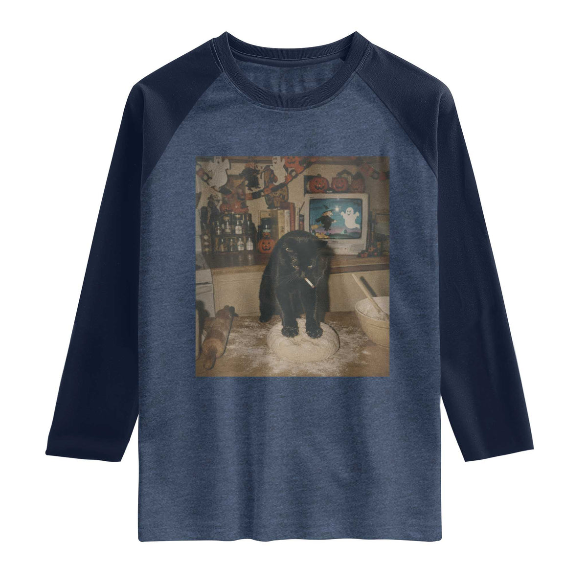 Spooky Biscuits Bakery Raglan Shirt Funny Black Cat Halloween Gift TS14 Heather Denim Navy Print Your Wear