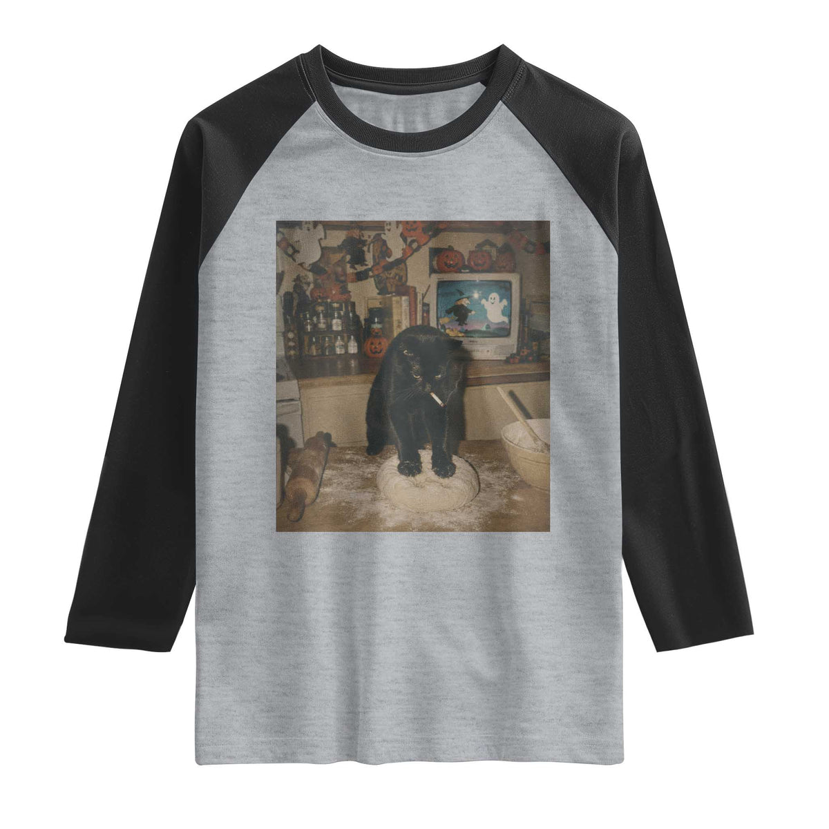 Spooky Biscuits Bakery Raglan Shirt Funny Black Cat Halloween Gift TS14 Heather Gray Black Print Your Wear
