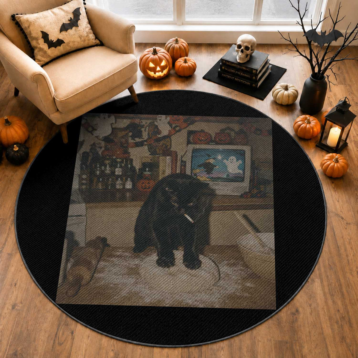 Spooky Biscuits Bakery Round Rug Funny Black Cat Halloween Gift