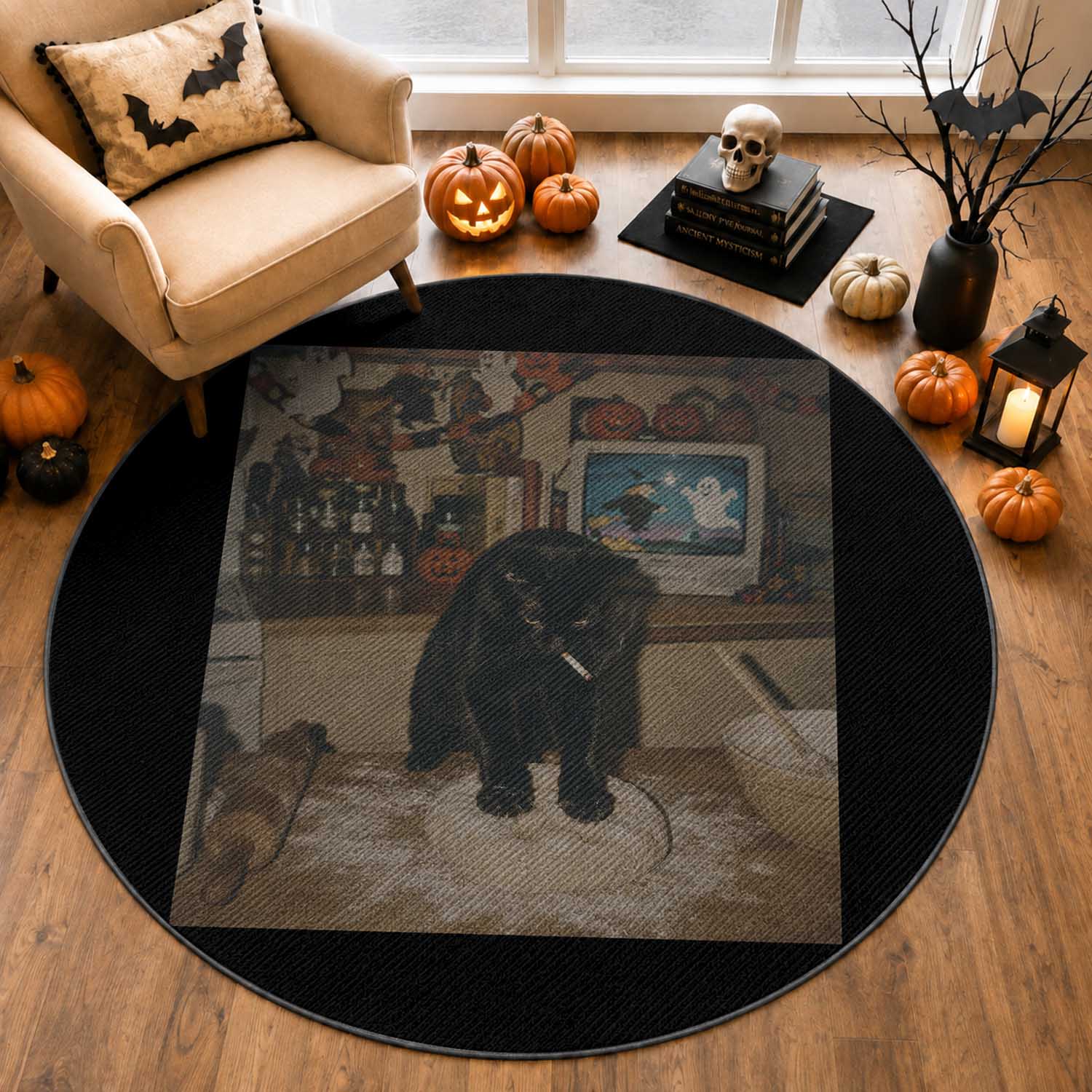 Spooky Biscuits Bakery Round Rug Funny Black Cat Halloween Gift