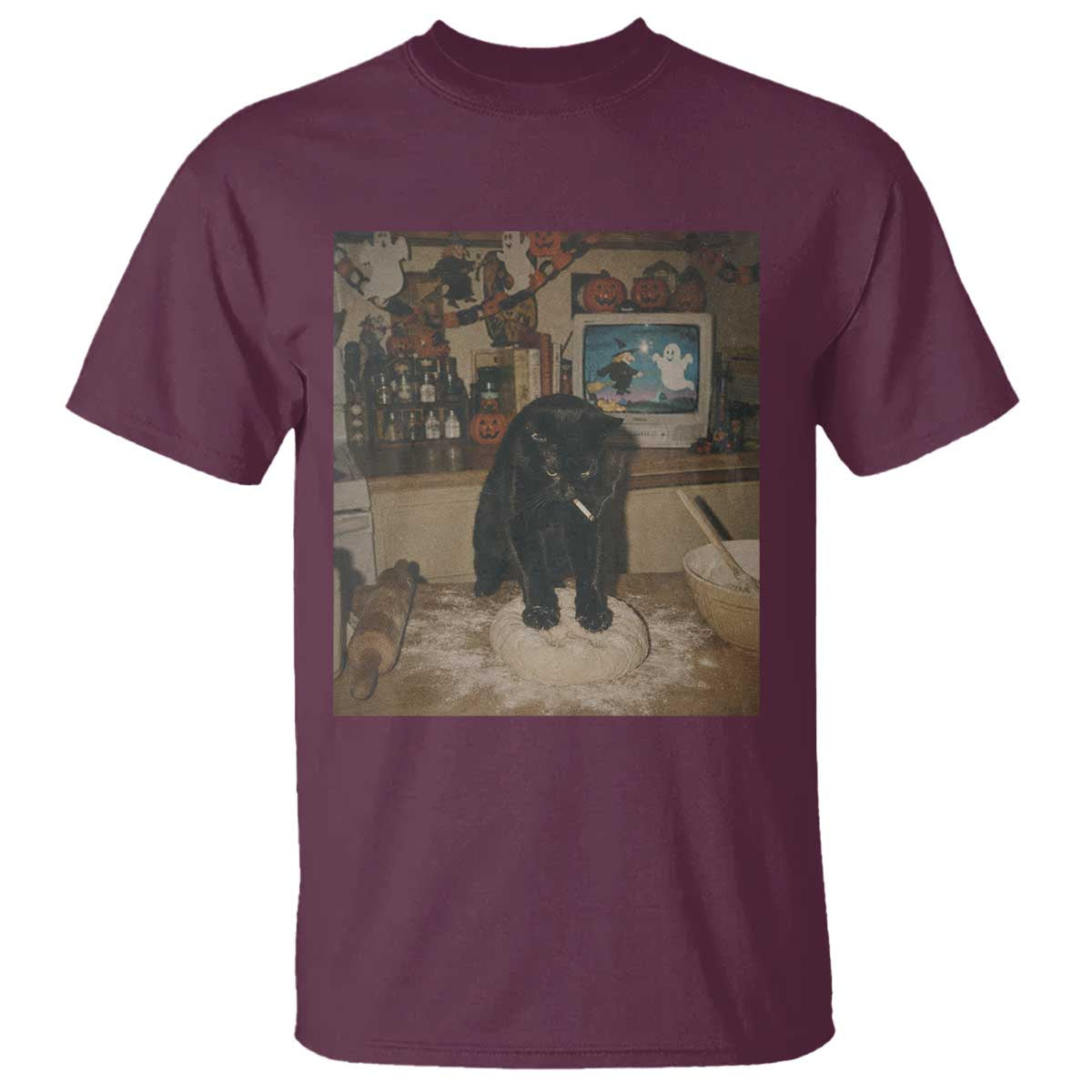 Spooky Biscuits Bakery T Shirt Funny Black Cat Halloween Gift TS14 Maroon Print Your Wear