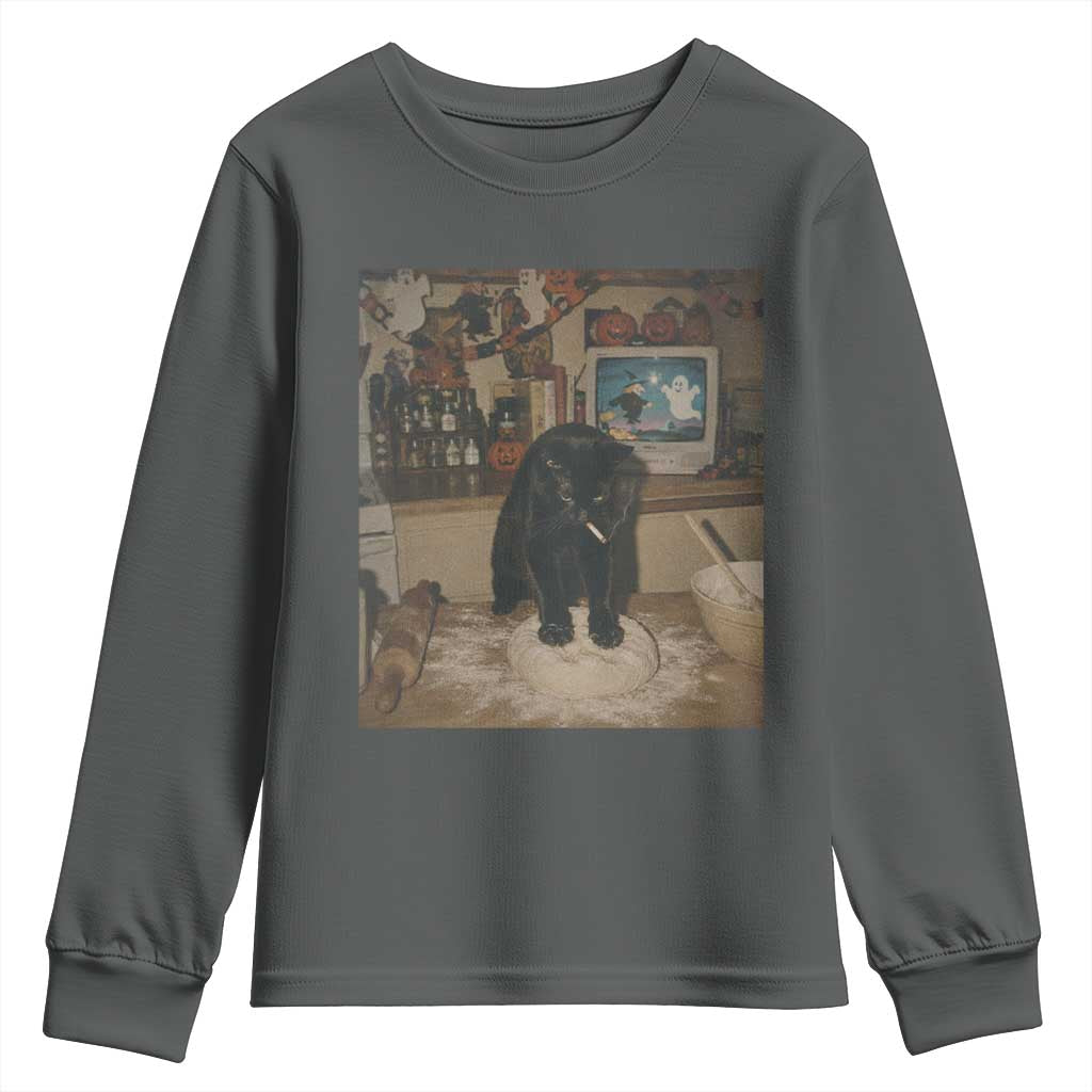 Spooky Biscuits Bakery Youth Sweatshirt Funny Black Cat Halloween Gift TS14 Dark Heather Print Your Wear