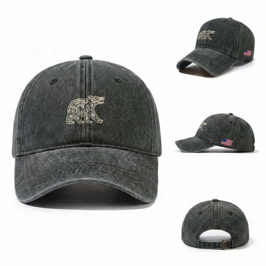 Bear Native Formline Art Salish Haida Tlingit Pacific Animal Washed Cotton Baseball Cap TS14 Washed Cap Universal Fit Dark Green Print Your Wear