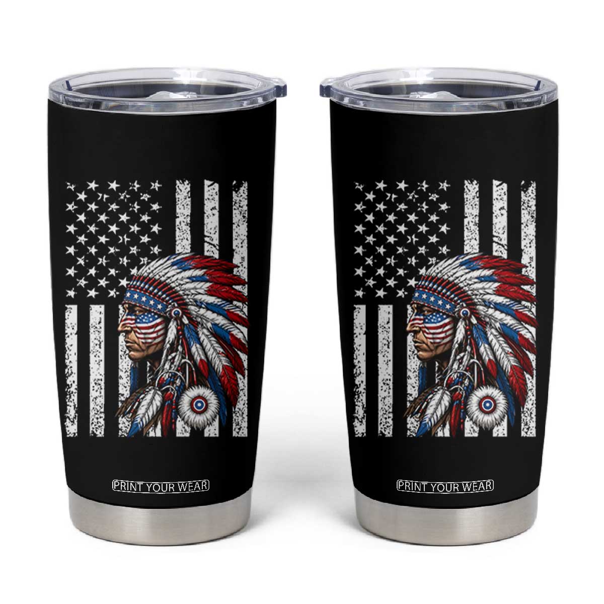 Indigenous People Tribal CG Native American Indian Chief American USA Flag Tumbler Cup TS14 Black Print Your Wear