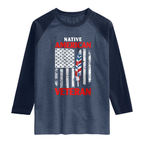 Native American Veteran USA Flag Patriotic Soldier Raglan Shirt TS14 Heather Denim Navy Print Your Wear