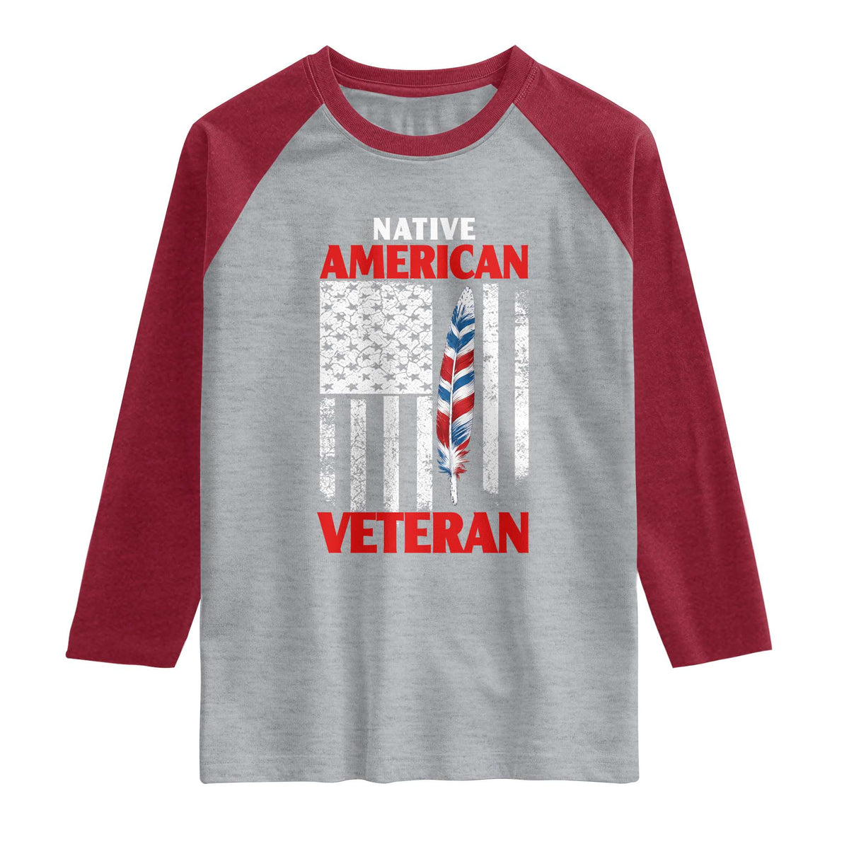 Native American Veteran USA Flag Patriotic Soldier Raglan Shirt TS14 Heather Gray Heather Red Print Your Wear