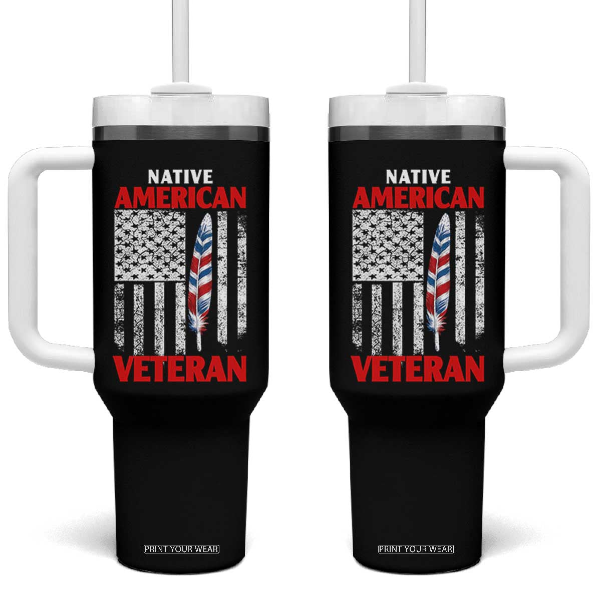 Native American Veteran USA Flag Patriotic Soldier Tumbler With Handle TS14 One Size: 40 oz Black Print Your Wear
