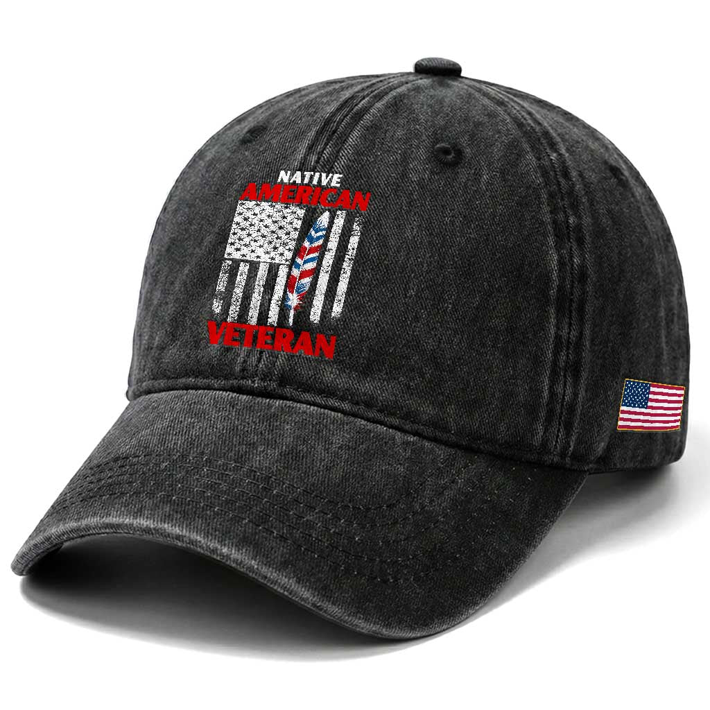 Native American Veteran USA Flag Patriotic Soldier Washed Cotton Baseball Cap TS14 Print Your Wear