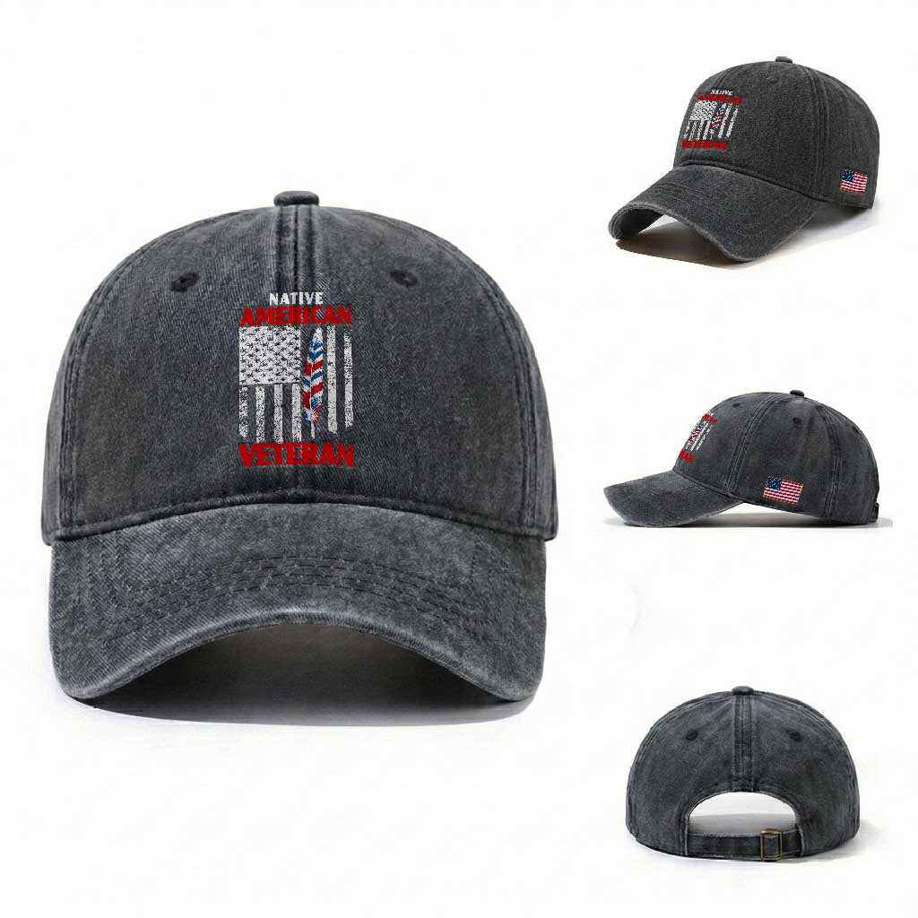 Native American Veteran USA Flag Patriotic Soldier Washed Cotton Baseball Cap TS14 Washed Cap Universal Fit Dark Gray Print Your Wear