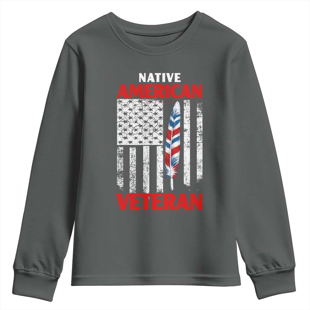 Native American Veteran USA Flag Patriotic Soldier Youth Sweatshirt TS14 Dark Heather Print Your Wear