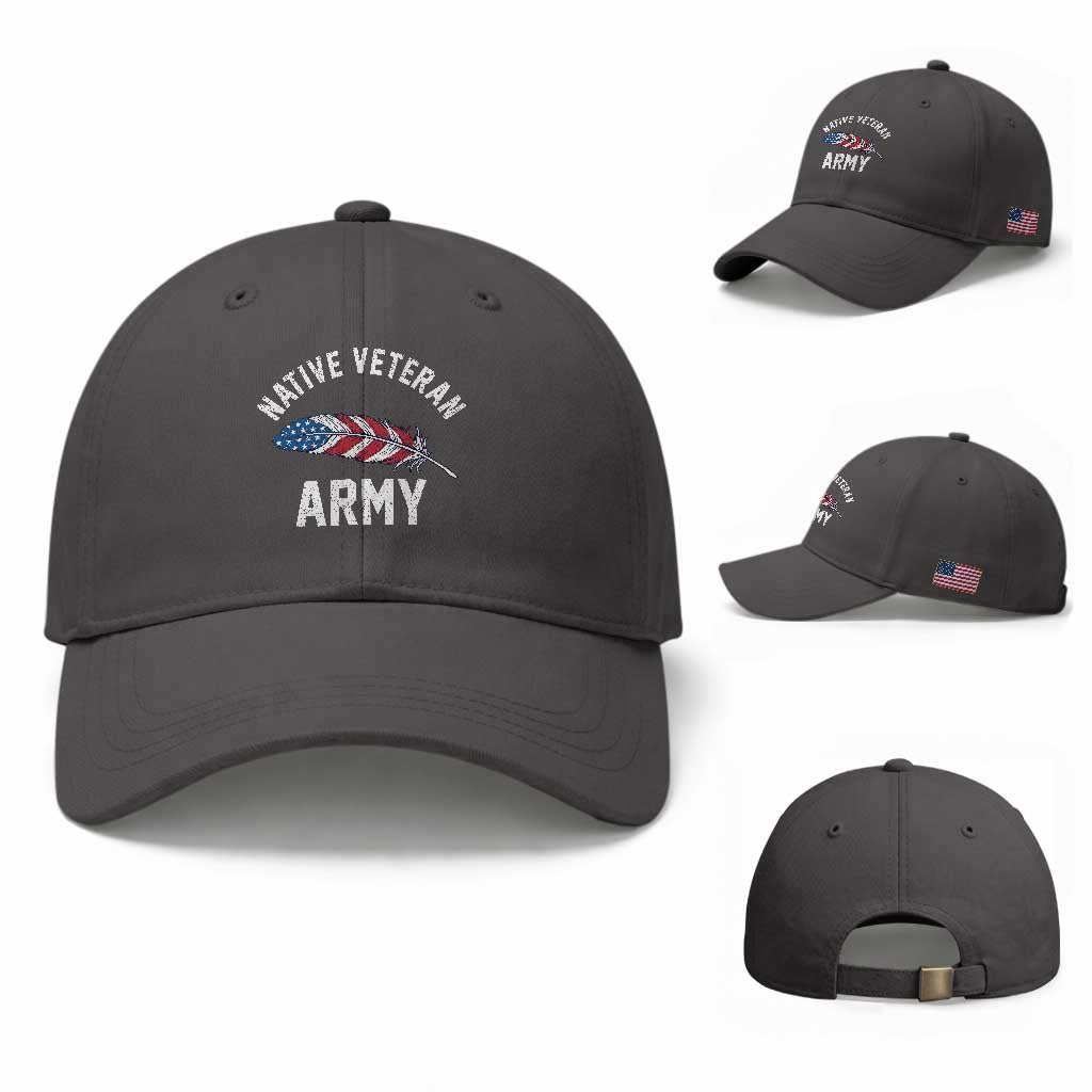 Native American Army Veteran US Flag Indigenous Soldier Baseball Cap TS14 Baseball Cap Universal Fit Dark Gray Print Your Wear