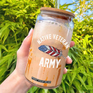 Native American Army Veteran US Flag Indigenous Soldier Glass Can TS14 Black Print Your Wear