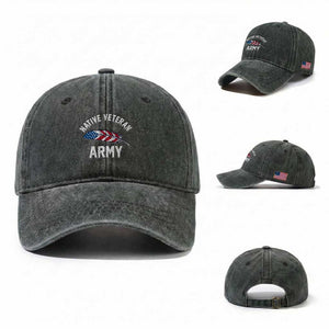 Native American Army Veteran US Flag Indigenous Soldier Washed Cotton Baseball Cap TS14 Washed Cap Universal Fit Dark Green Print Your Wear