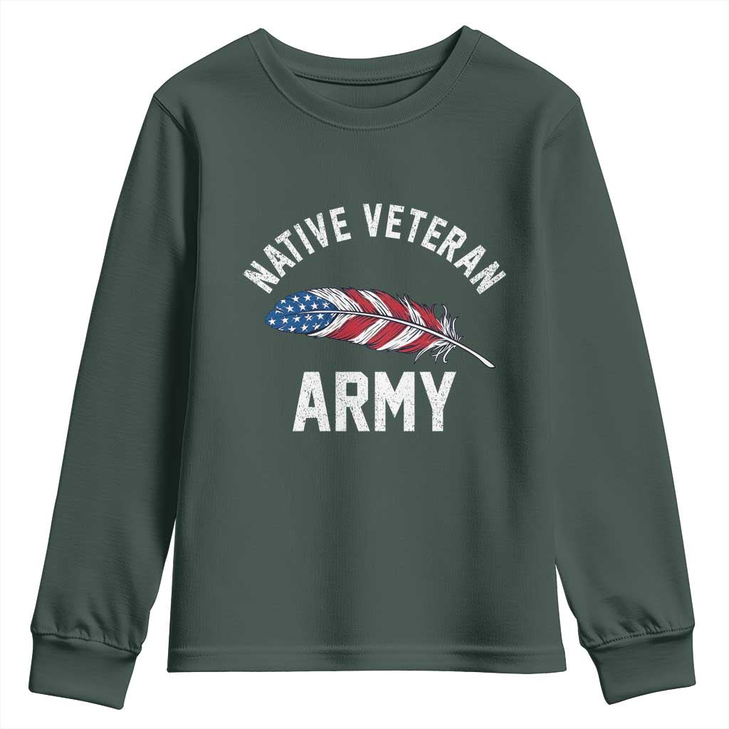 Native American Army Veteran US Flag Indigenous Soldier Youth Sweatshirt TS14 Dark Forest Green Print Your Wear