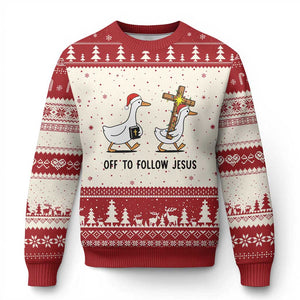 Christian Xmas Goose Ugly Christmas Sweater Off To Follow Jesus TS14 Beige Red Print Your Wear