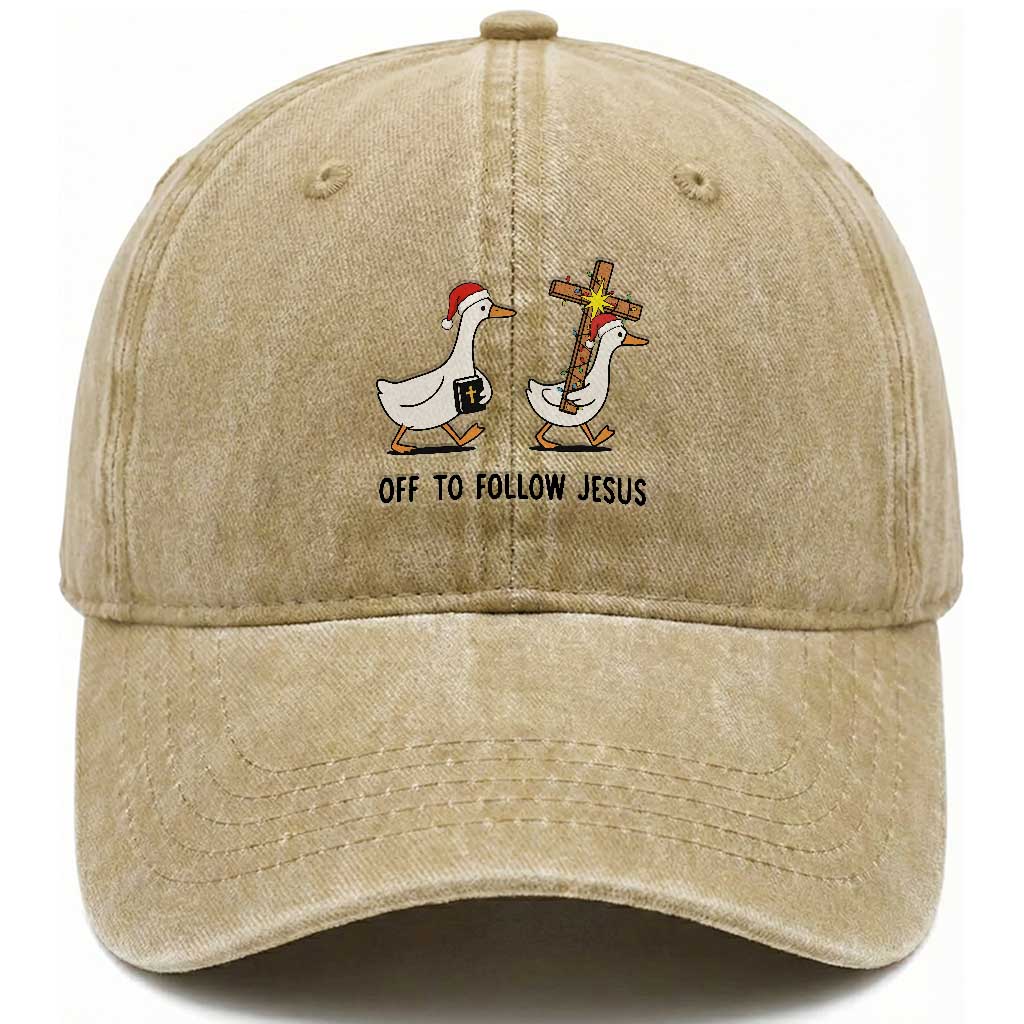 Christian Christmas Goose Washed Cotton Baseball Cap Off To Follow Jesus TS14 Washed Cap Universal Fit Khaki Print Your Wear