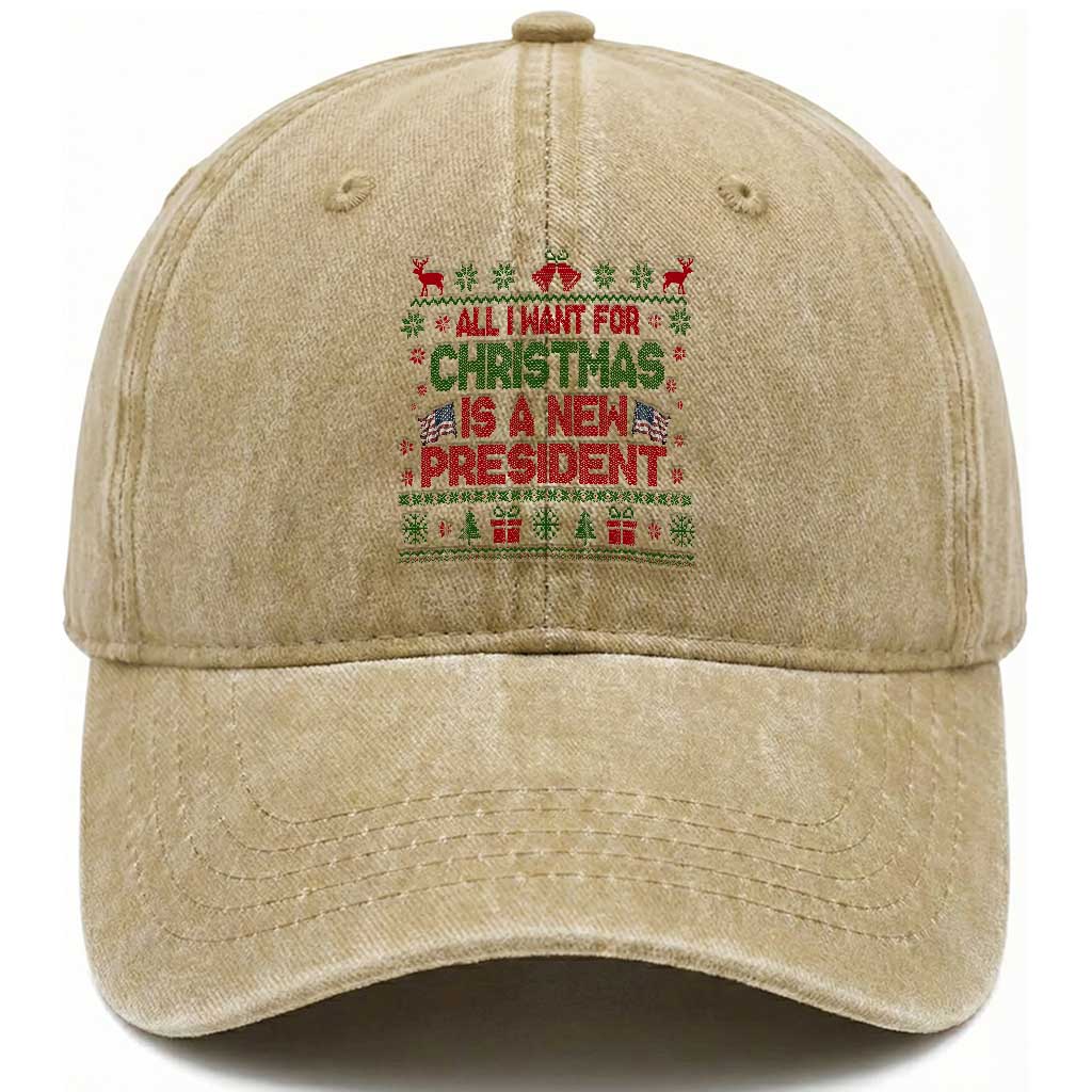 All I Want For Christmas Is A New President Washed Cotton Baseball Cap Funny Democrat Christmas TS14 Washed Cap Universal Fit Khaki Print Your Wear