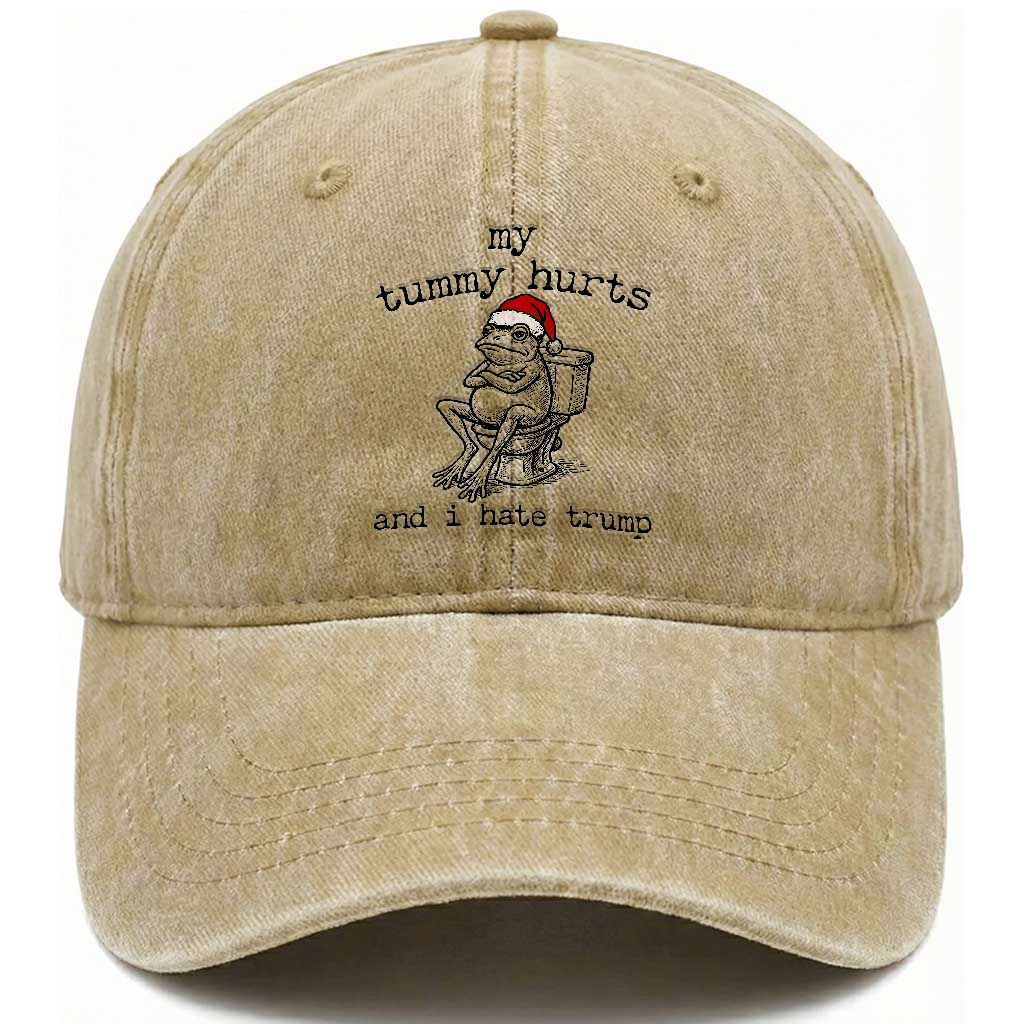Funny Frog Christmas Washed Cotton Baseball Cap My Tummy Hurts And I Hate Trump TS14 Washed Cap Universal Fit Khaki Print Your Wear