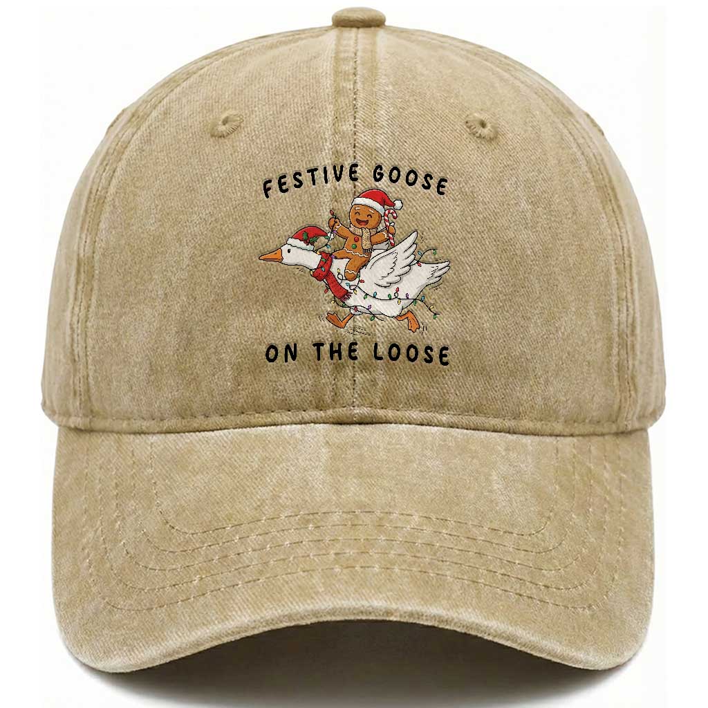 Funny Goose Christmas Washed Cotton Baseball Cap Festive Goose On The Loose Xmas TS14 Washed Cap Universal Fit Khaki Print Your Wear