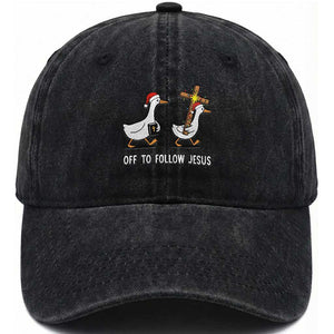 Funny Christmas Christian Goose Washed Cotton Baseball Cap Off To Follow Jesus TS14 Washed Cap Universal Fit Black Print Your Wear
