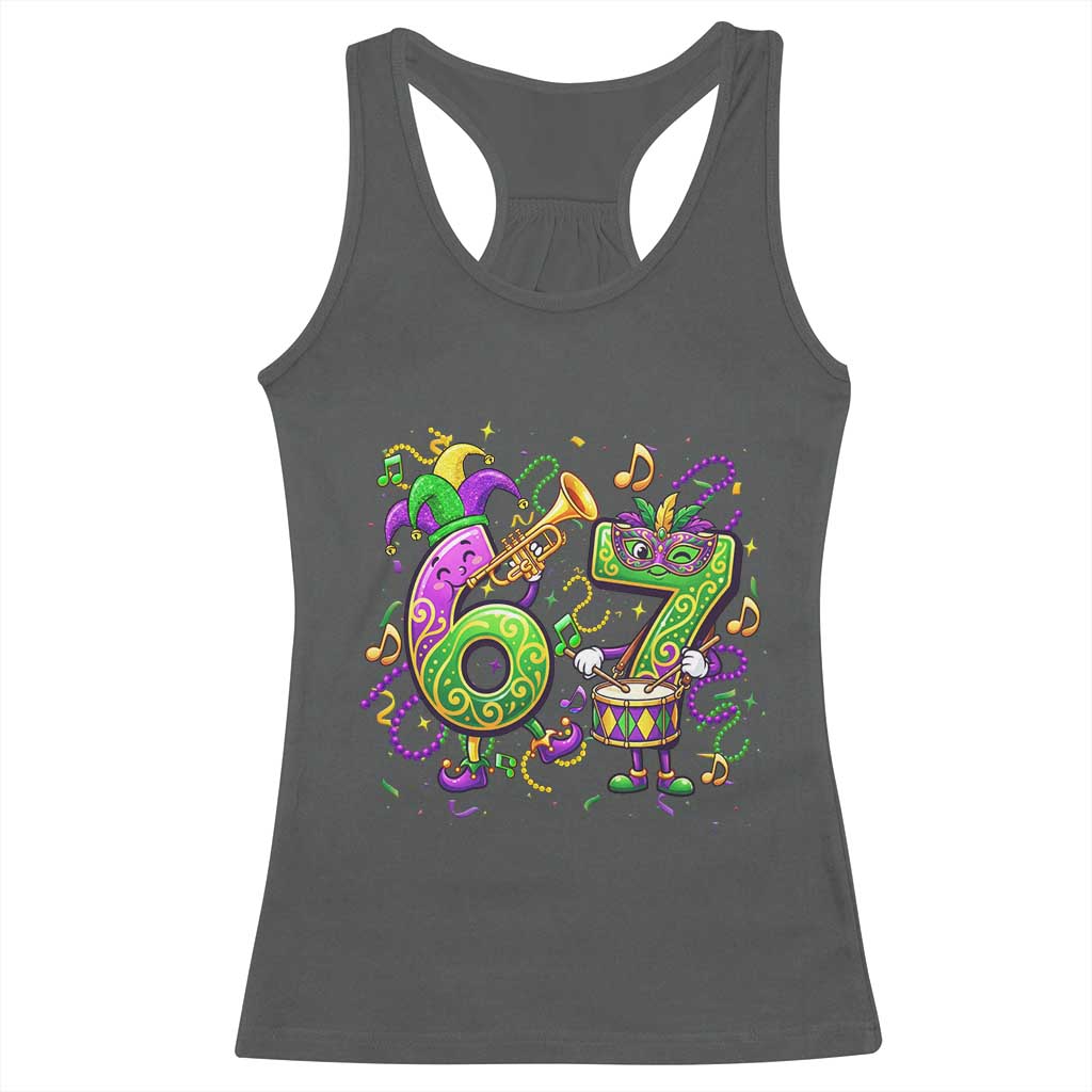 67 Mardi Gras Meme Racerback Tank Top Funny Six Seven Carnival Party TS14 Dark Heather Print Your Wear