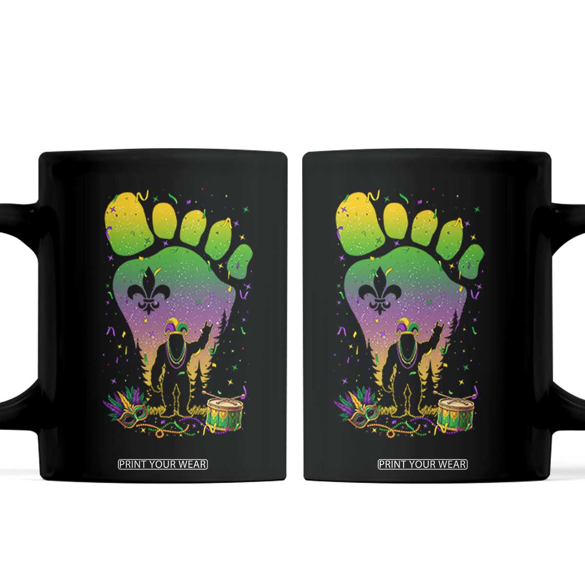 Mardi Gras Bigfoot Coffee Mug Sasquatch Forest Footprint Carnival Party TS14 Black Print Your Wear