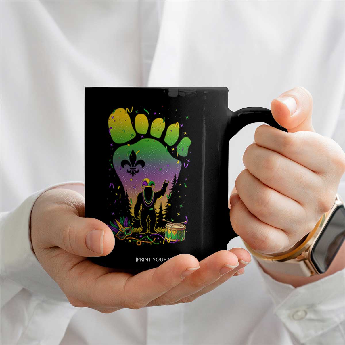 Mardi Gras Bigfoot Coffee Mug Sasquatch Forest Footprint Carnival Party TS14 Print Your Wear