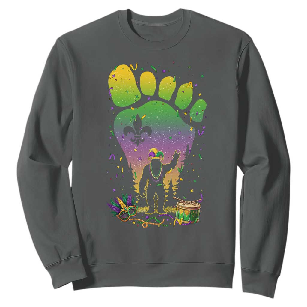 Mardi Gras Bigfoot Sweatshirt Sasquatch Forest Footprint Carnival Party TS14 Dark Heather Print Your Wear
