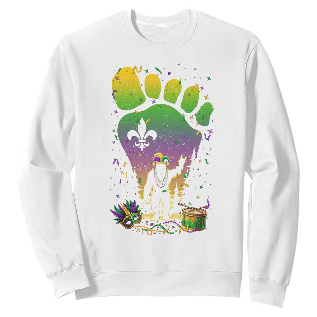Mardi Gras Bigfoot Sweatshirt Sasquatch Forest Footprint Carnival Party TS14 White Print Your Wear