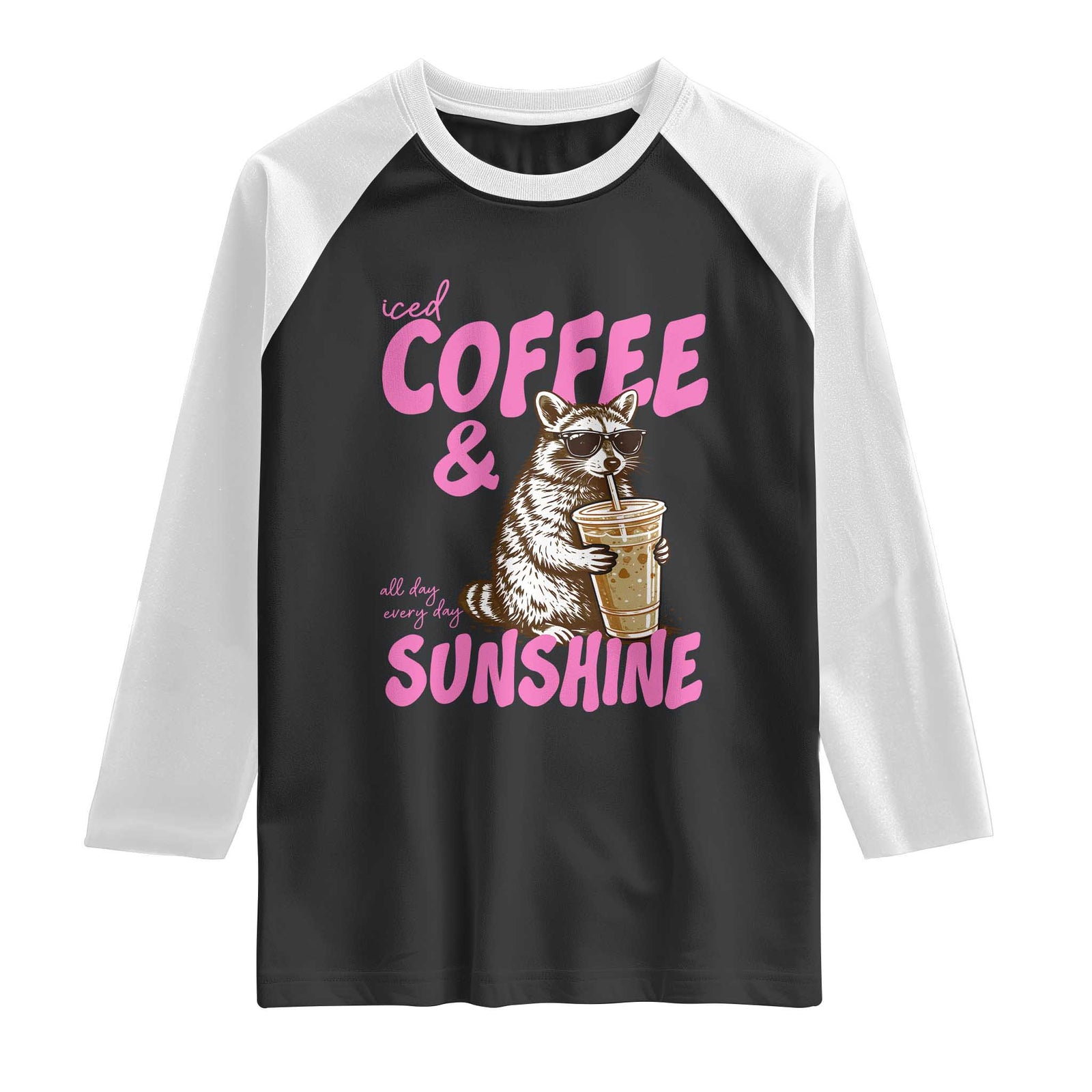 Iced Coffee and Sunshine Raglan Shirt Funny Raccoon Summer Coffee Lover Gift TS14 Black White Print Your Wear