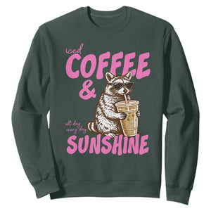 Iced Coffee and Sunshine Sweatshirt Funny Raccoon Summer Coffee Lover Gift TS14 Dark Forest Green Print Your Wear
