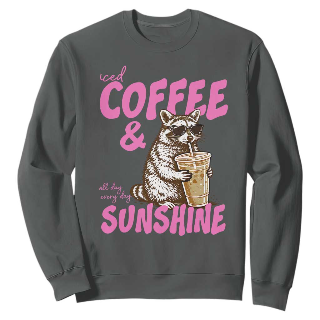 Iced Coffee and Sunshine Sweatshirt Funny Raccoon Summer Coffee Lover Gift TS14 Dark Heather Print Your Wear