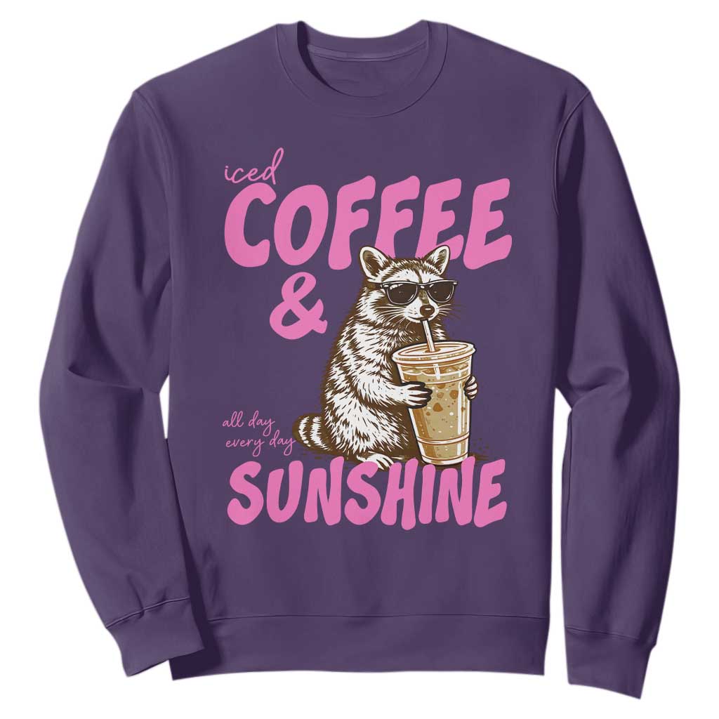 Iced Coffee and Sunshine Sweatshirt Funny Raccoon Summer Coffee Lover Gift TS14 Purple Print Your Wear