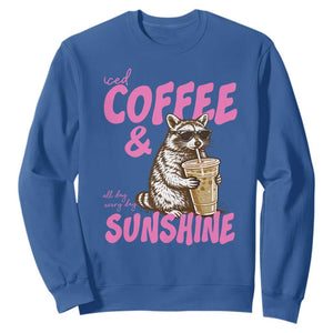 Iced Coffee and Sunshine Sweatshirt Funny Raccoon Summer Coffee Lover Gift TS14 Royal Blue Print Your Wear