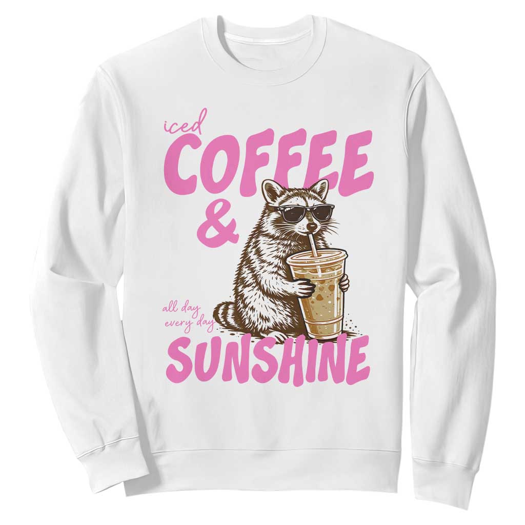 Iced Coffee and Sunshine Sweatshirt Funny Raccoon Summer Coffee Lover Gift TS14 White Print Your Wear