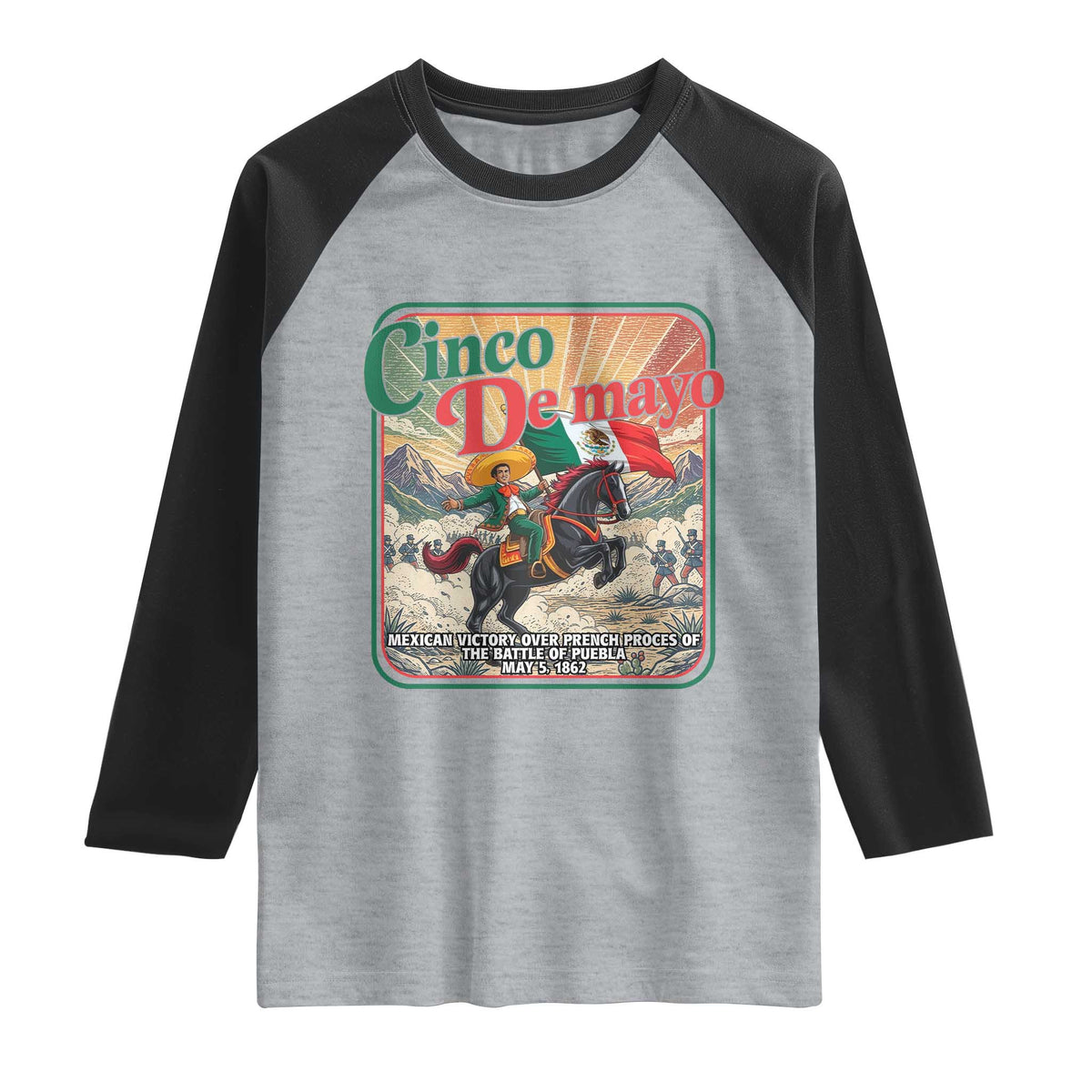 Cinco de Mayo Battle of Puebla Raglan Shirt Mexican Victory History 1862 TS14 Heather Gray Black Print Your Wear