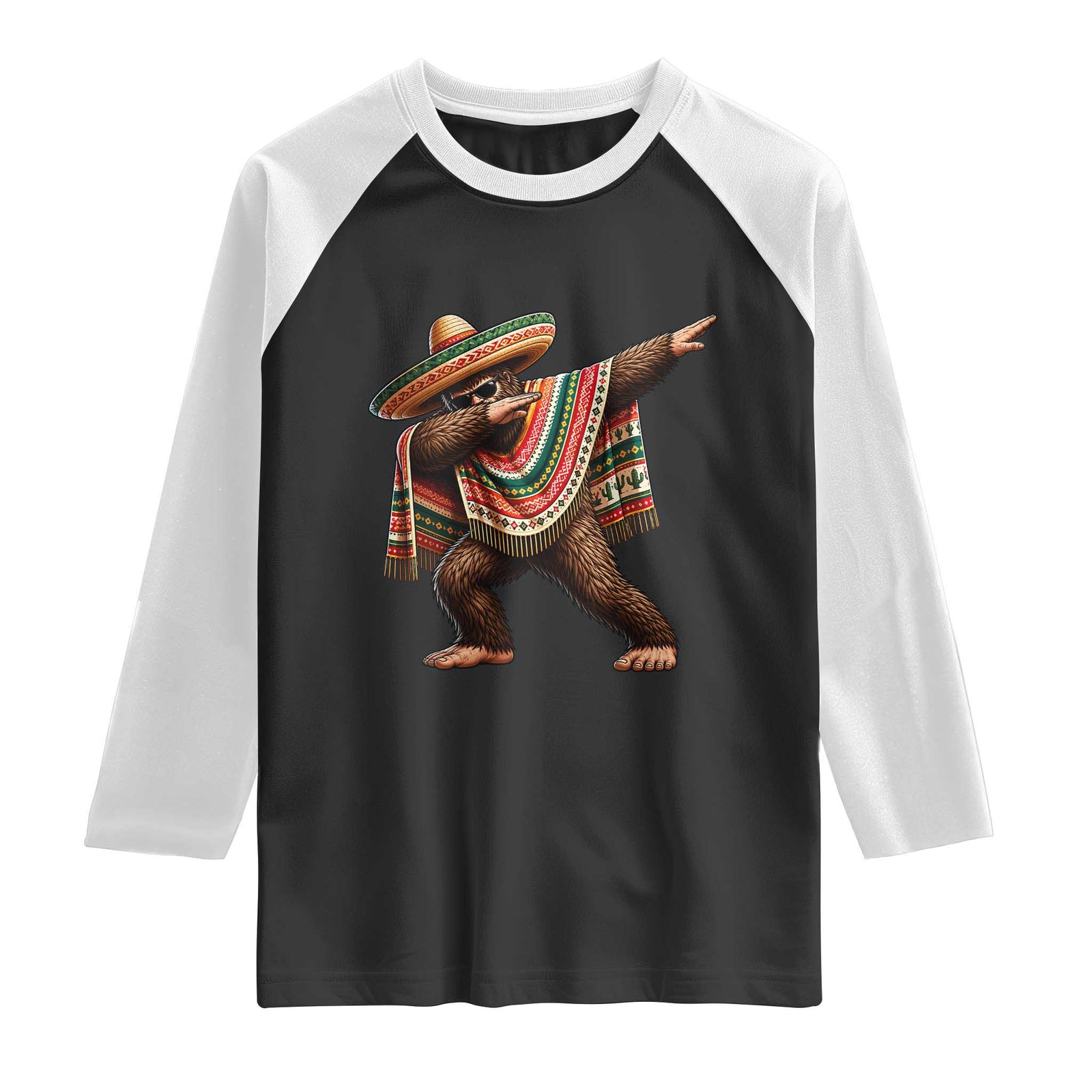 Funny Bigfoot Dabbing Cinco De Mayo Fiesta Raglan Shirt TS14 Black White Print Your Wear