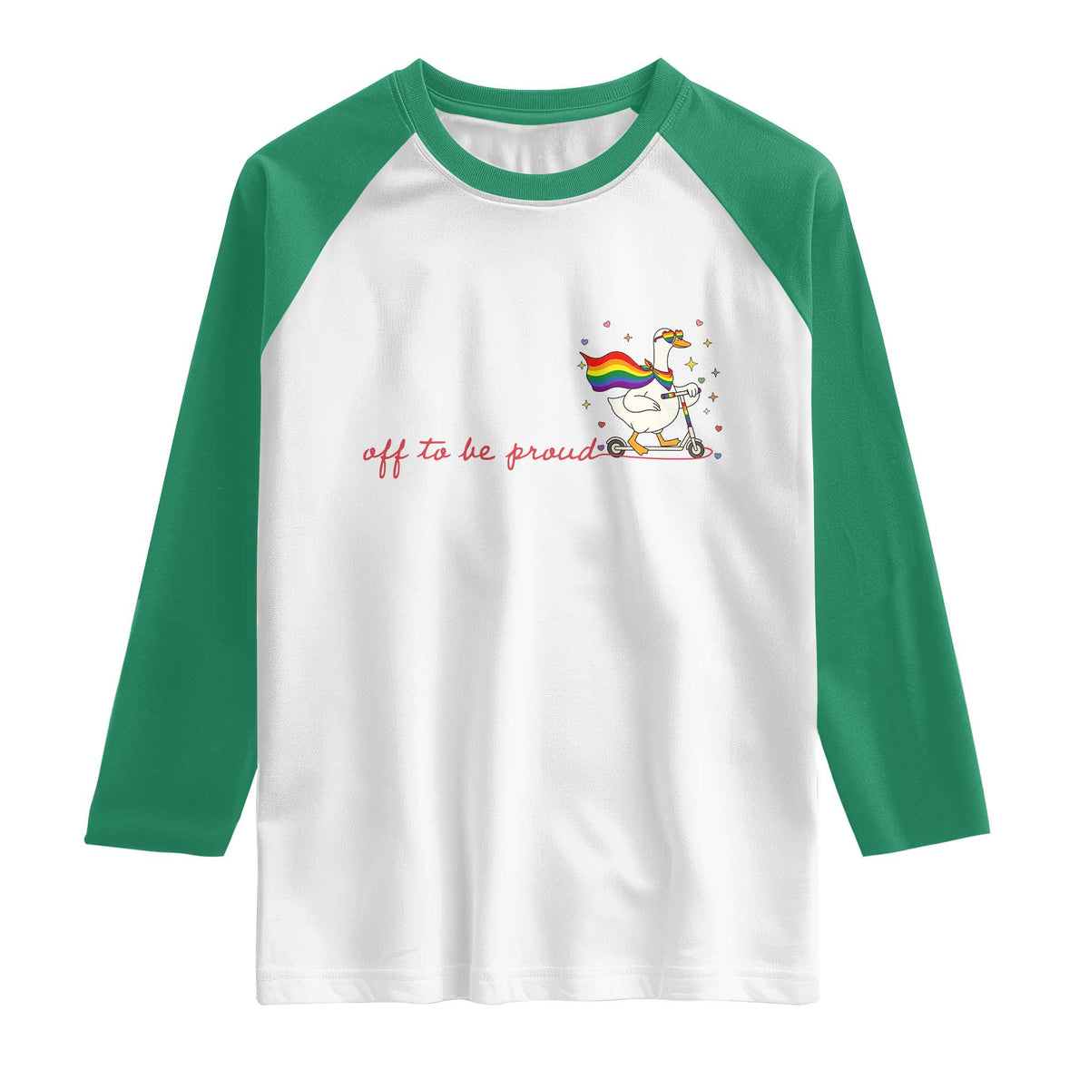 Silly Goose LGBTQ Pride Raglan Shirt Off To Be Proud TS14 White Kelly Green Print Your Wear