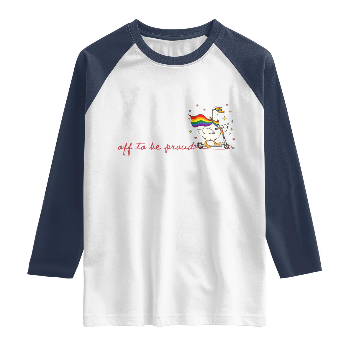 Silly Goose LGBTQ Pride Raglan Shirt Off To Be Proud TS14 White Navy Print Your Wear