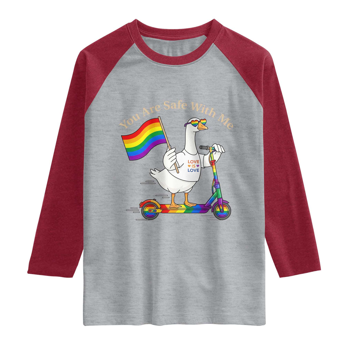 You Are Safe With Me Raglan Shirt LGBTQ Pride Goose Rainbow TS14 Heather Gray Heather Red Print Your Wear