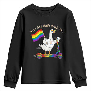 You Are Safe With Me Youth Sweatshirt LGBTQ Pride Goose Rainbow TS14 Black Print Your Wear