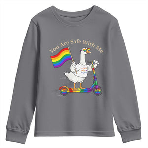 You Are Safe With Me Youth Sweatshirt LGBTQ Pride Goose Rainbow TS14 Charcoal Print Your Wear