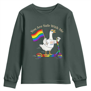 You Are Safe With Me Youth Sweatshirt LGBTQ Pride Goose Rainbow TS14 Dark Forest Green Print Your Wear