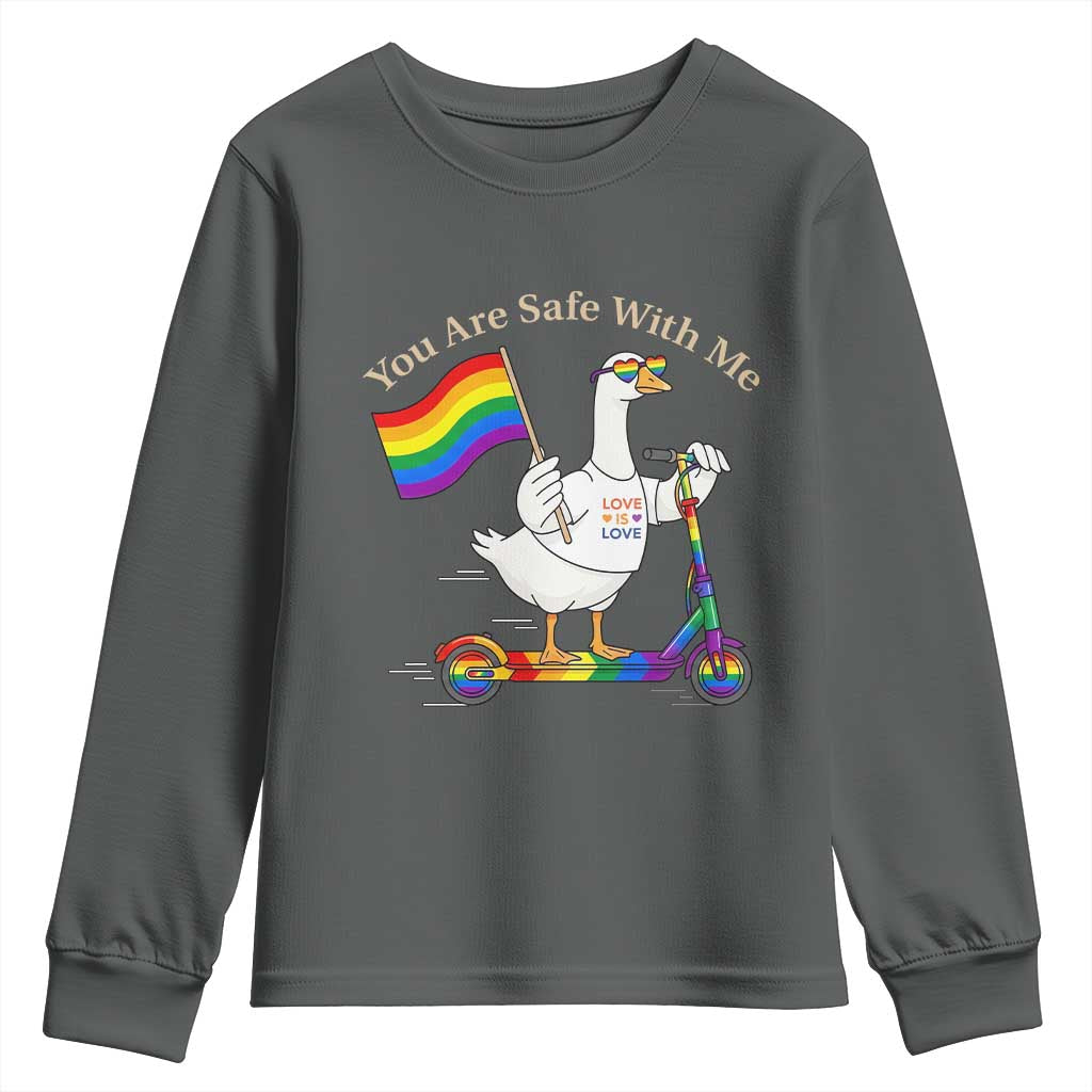 You Are Safe With Me Youth Sweatshirt LGBTQ Pride Goose Rainbow TS14 Dark Heather Print Your Wear