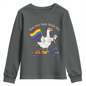You Are Safe With Me Youth Sweatshirt LGBTQ Pride Goose Rainbow TS14 Dark Heather Print Your Wear
