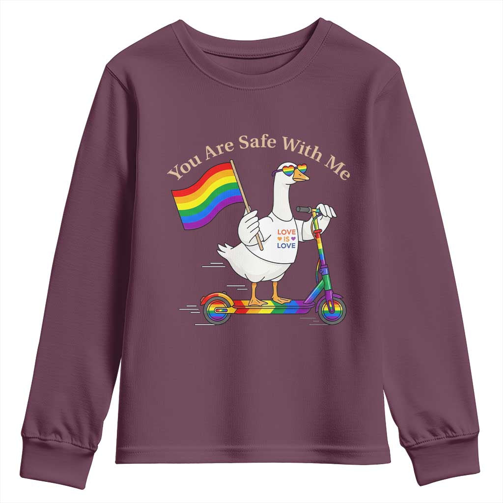You Are Safe With Me Youth Sweatshirt LGBTQ Pride Goose Rainbow TS14 Maroon Print Your Wear