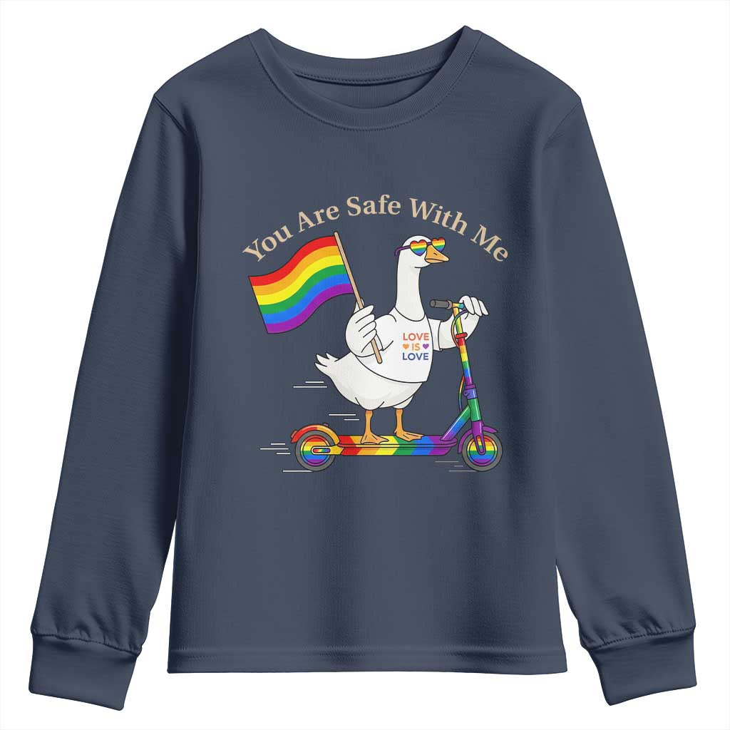 You Are Safe With Me Youth Sweatshirt LGBTQ Pride Goose Rainbow TS14 Navy Print Your Wear