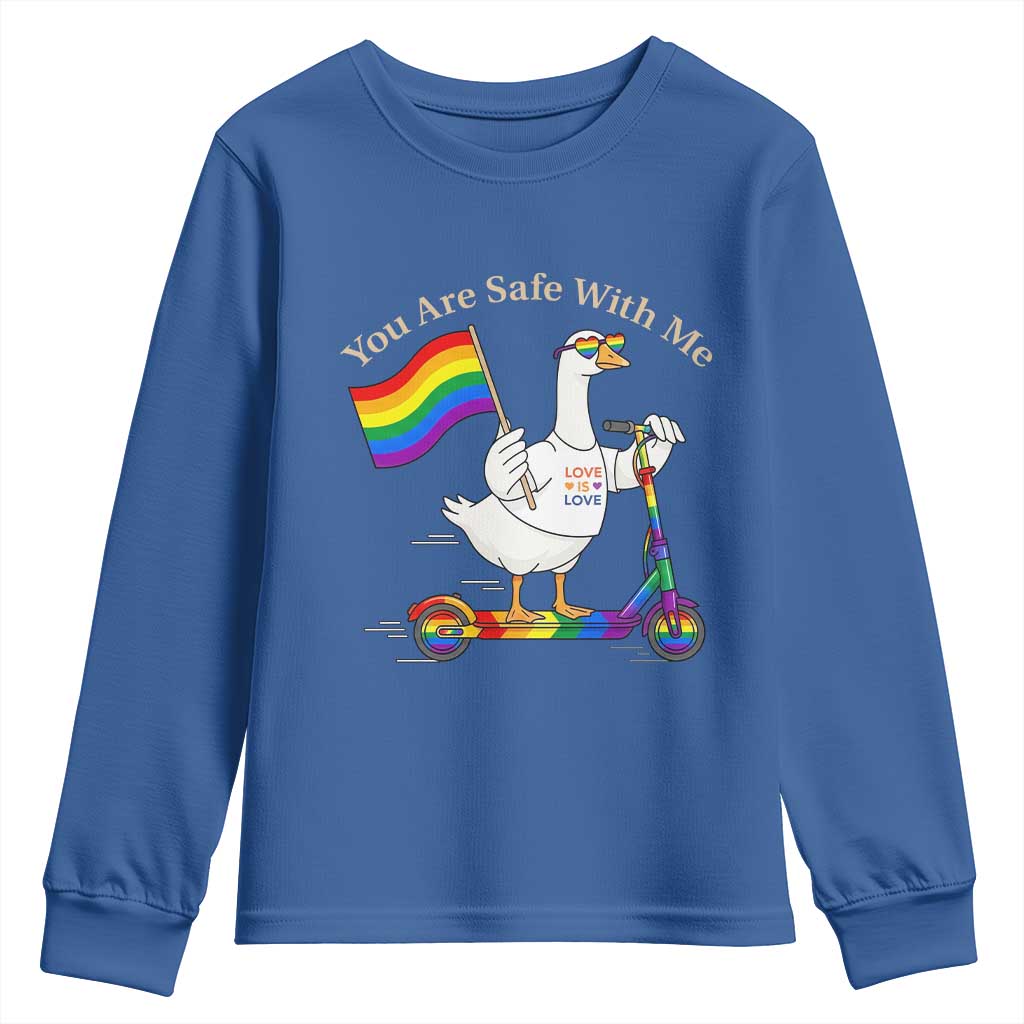 You Are Safe With Me Youth Sweatshirt LGBTQ Pride Goose Rainbow TS14 Royal Blue Print Your Wear