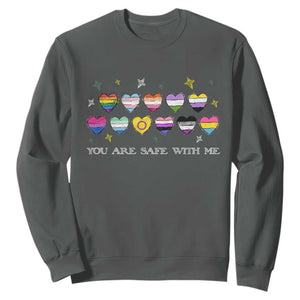 You Are Safe With Me Sweatshirt LGBTQ Support Rainbow Flags Ally TS14 Dark Heather Print Your Wear
